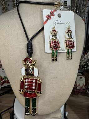 Nutcracker Statement Necklace and Earring Set - Red & Green Holiday Jewelry
